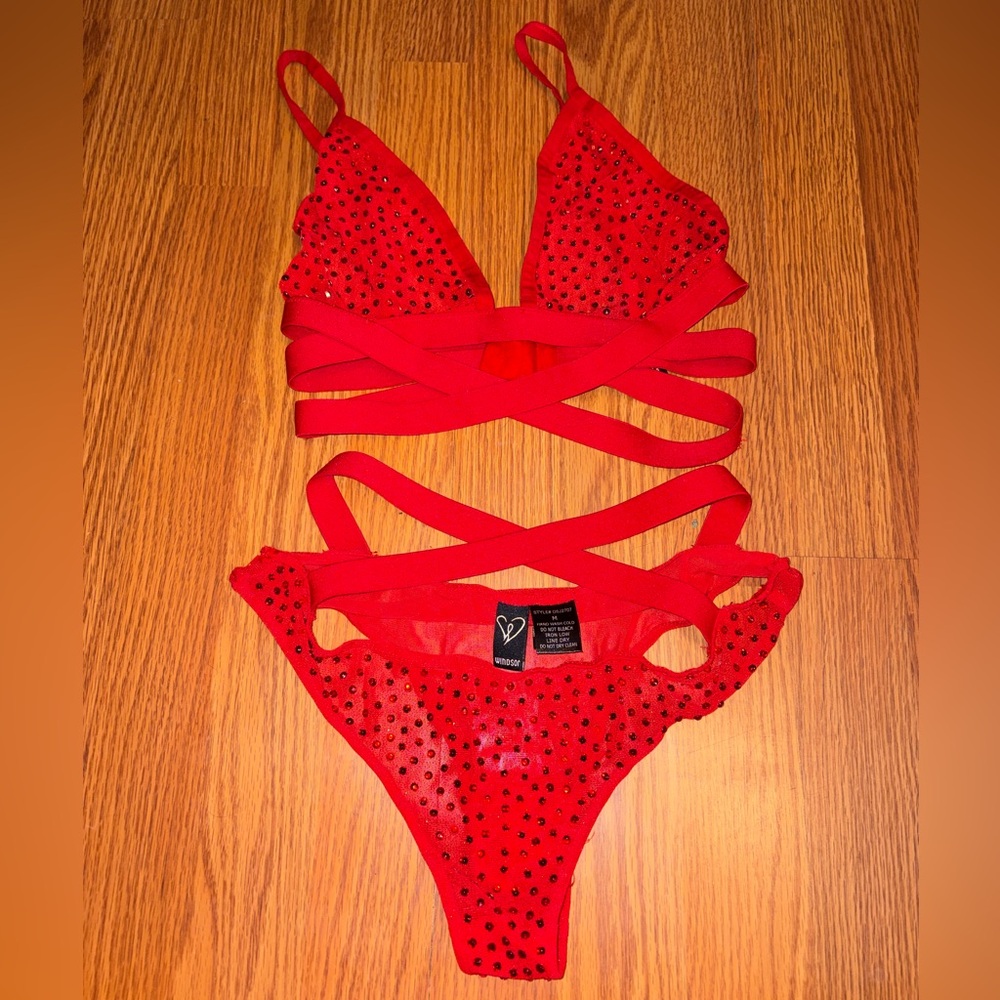 Windsor Red Strappy Studded 2 piece lingerie